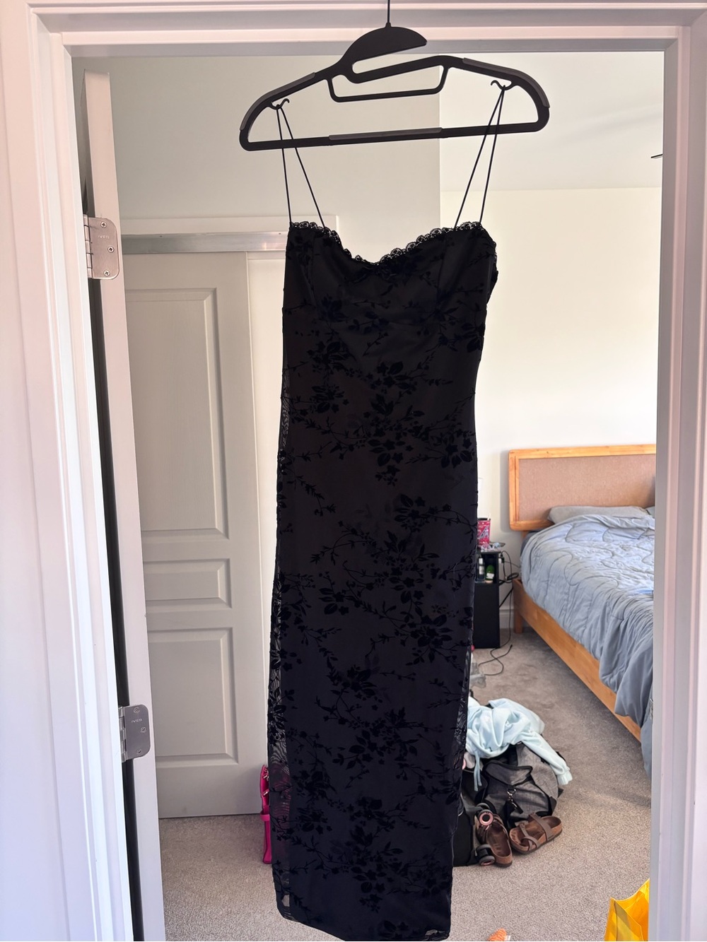 Black Floral Velvet Slip Dress with Lace Trim
